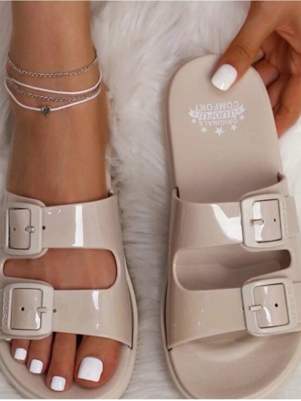 Patent Double-Buckle Slide Sandals in Light Beige